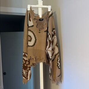 STORIA Brown V-Neck Sweater with Abstract Pattern